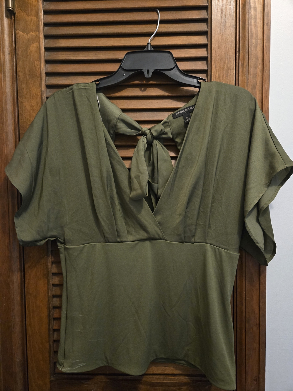 Banana Republic Olive Green V-Neck and Tie at Back Blouse